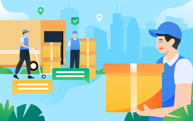 Courier delivering on a motorcycle with various plants and buildings in the background, vector illustration