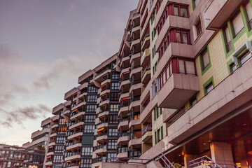 GENEVA, SWITZERLAND - February 20, 2022: Condominium and apartment building with a modern architecture in the Geneva city downtown. Geneva modern architecture.