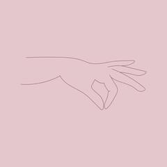 Graceful gestures by female hands, two fingers hold, vector line art, element for design, logo.