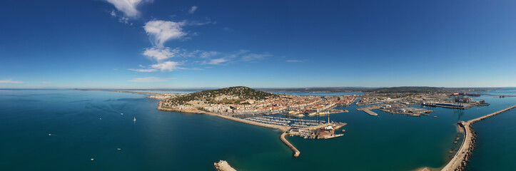 Panorama of the marina and commercial port of Sète on a summer day, in Hérault in Occitanie,...