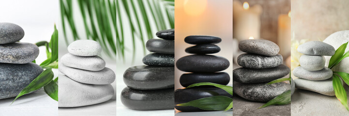 Collage with stacks of spa stones