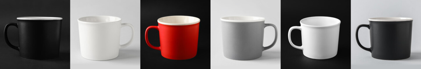 Set of blank cups on black and white background. Mockup for design