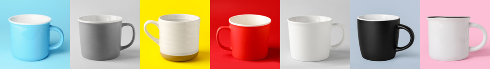 Set of blank cups on colorful background. Mockup for design