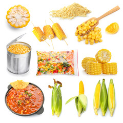 Set of tasty products from corn on white background