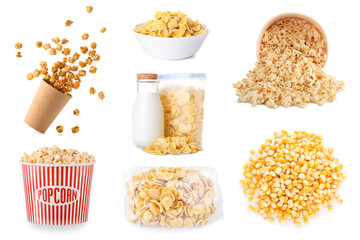 Set of tasty products from corn on white background