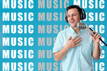 Male radio presenter on blue background with words MUSIC