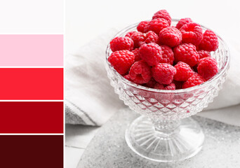 Dessert bowl with ripe raspberries on white table. Different color patterns