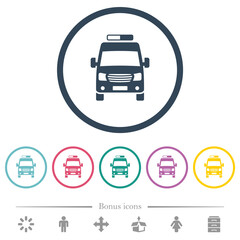 Ambulance car front view flat color icons in round outlines