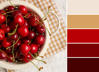 Colander with tasty ripe cherry on table. Different color patterns
