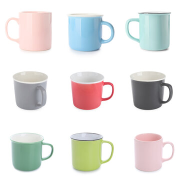 Set of many blank cups on white background. Mockup for design