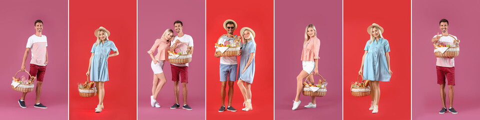 Set of people with baskets for picnic on color background