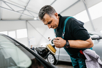 Professional car service worker polishing luxury car with orbital polisher in a car detailing and valeting shop. Ultra wide angle shot.