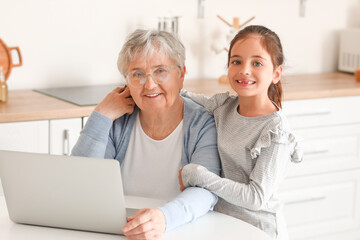 Little girl with her grandma using laptop in kitchen