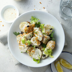 Homemade potato salad with onion crunch
