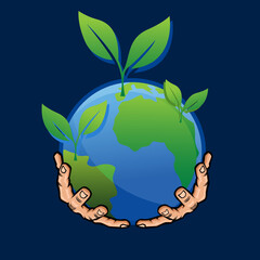 Hands holding planet Earth. Caring for environment, ecology illustration