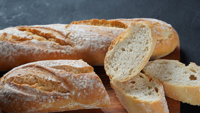 White french baguette or bread roll closeup, traditional food