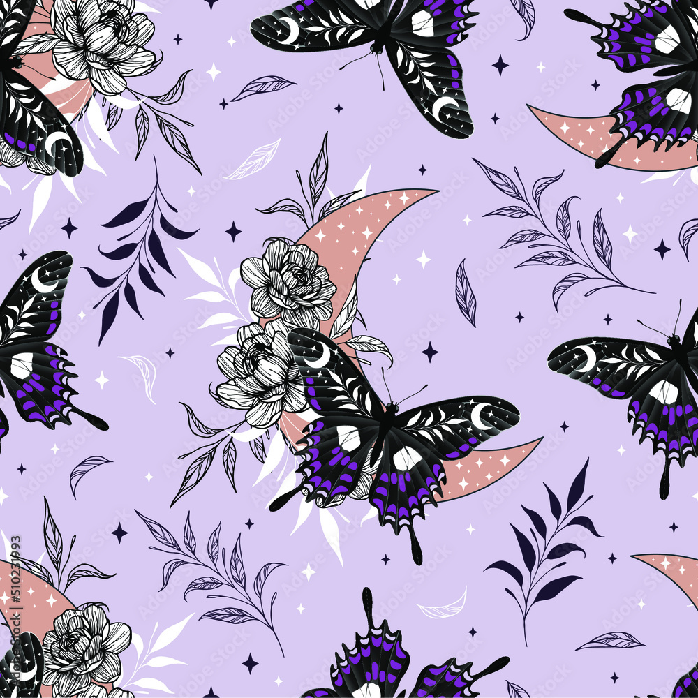 Wall mural celestial seamless pattern with herbs. boho magic background with purple space elements stars, butte