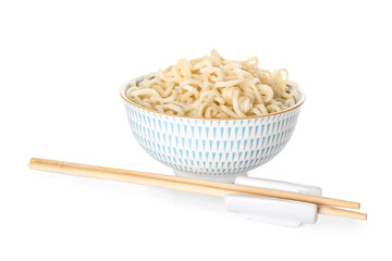 Bowl with tasty noodles and chopsticks on white background