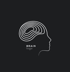 Human head brain silhouette thin lined logo or icon design template for psychology or medicine or creative industry isolated on black background. Vector illustration