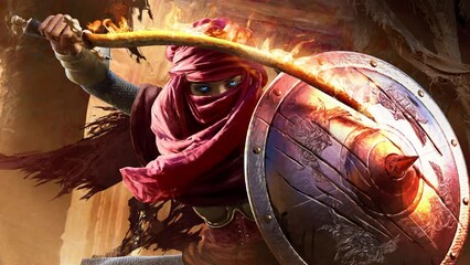 A charming Arab warrior woman with blue eyes, she stands in a fighting stance in the sandy temple, scratching her shield with fiery sword, hiding her face under mask. clean looped 2d animation 