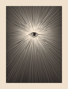 All seeing god eye vintage mystic mason print poster design template with eye surrounded sunburst. Vector illustration