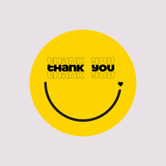 Thank you gratitude sticker or label or badge design template with round yellow smile isolated on white background. Vector illustration