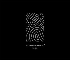 Topographic map silhouette thin lined minimalistic logo or icon design template for travel tourist industry isolated on black background. Vector illustration
