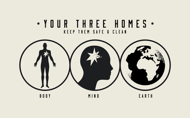 Motivational concept illustration with self care motive and your three homes sign and symbols of the body and soul and earth for poster design or t-shirt print. Isolated on white background