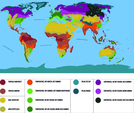 Map of all climate types with all world sea and ocean names