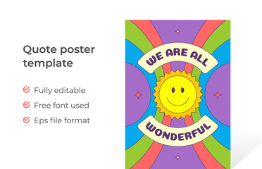 Smiling funny yellow sun beams character quote poster template groovy vector illustration