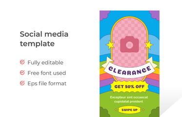 Psychedelic sale social media story template vector illustration