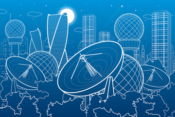 Satellite dishes in the woods, antenna  communication technology, weather station, radar installations, night city, urban scene, vector design art