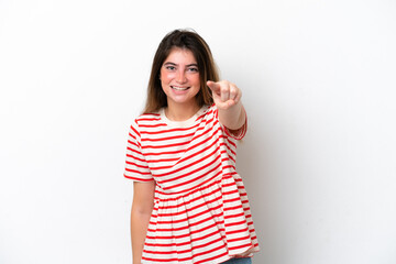 Young caucasian woman isolated on white background frustrated and pointing to the front
