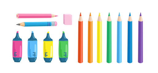 Set of colored markers and pencils. In cartoon style. Isolated on white background. Vector flat illustration.