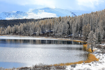 river and mountains snow seasonal, landscape background, panorama view