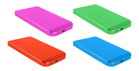 external hard drive, pocket, with connection cable on a white background in isolation, collage
