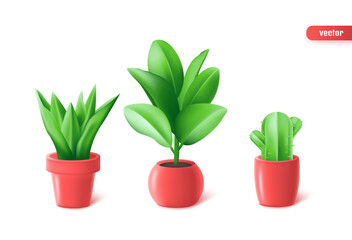 Set of plants in red pots. Realistic colorful houseplants in plastic 3d style on a white background.