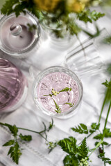 Breakfast of the rich: rosé sparkling wine and flowers.
