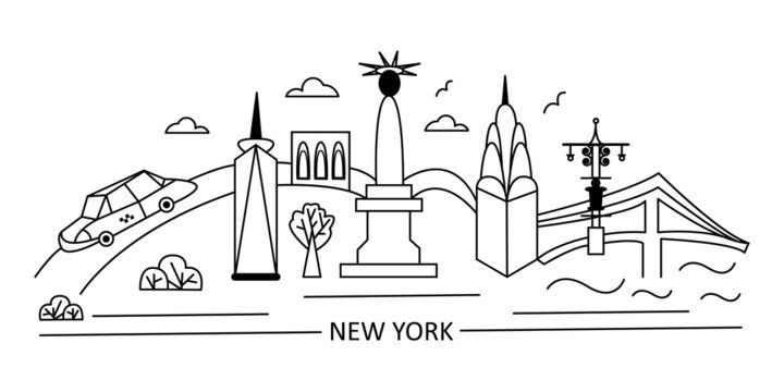 New York in line art style. Black and white vector illustration. Urban landscape. Card