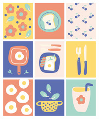 set of kitchen icons, cooking element, doodle art greeting card, breakfast wallpaper, food poster, postcard