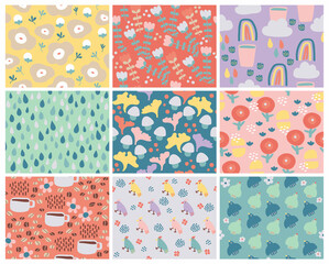 set of patterns with flowers. natural seamless pattern. coffee with nature. cute drawing wallpaper with flowers and nature.