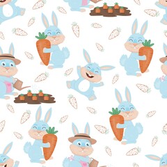 Seamless pattern with a cute blue bunny gardener watering a garden bed and hugging a carrot