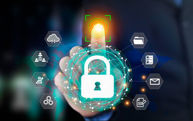 uturistic digital processing of biometric identification fingerprint scanner. Concept  Digital transformation for next generation technology.surveillance and security scanning of digital futuristic.