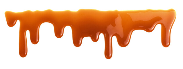 Dripping caramel drops of sweet sauce isolated on white background. Melted caramel sauce - obrazy, fototapety, plakaty