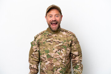 Military man isolated on white background with surprise facial expression