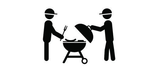 Stickman, stick figure man with bbq and sausage, bratwurst and burgers. Vector barbecuing, food icon or pictogram. BBQ Grill tools. Fork and apron. Concept of unhealthy lifestyle. BBQ time and party