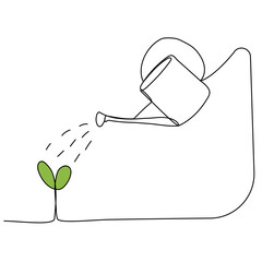 Continuous one line drawing of watering can and a sprout. Concept of gardening. Vector illustration on isolated background © Olena