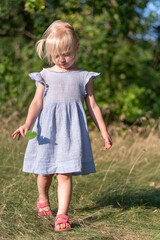 Full-length portrait of little blonde girl in blue dress with green leaf in her hands in the forest. Children in the park. Vertical frame.