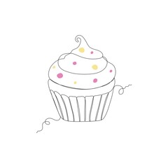 Single continuous line of big cupcake. Big cupcake fast food in one line style isolated on white background