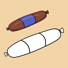 A set of pictures for a coloring book, a long smoked sausage with bacon, a vector cartoon illustration